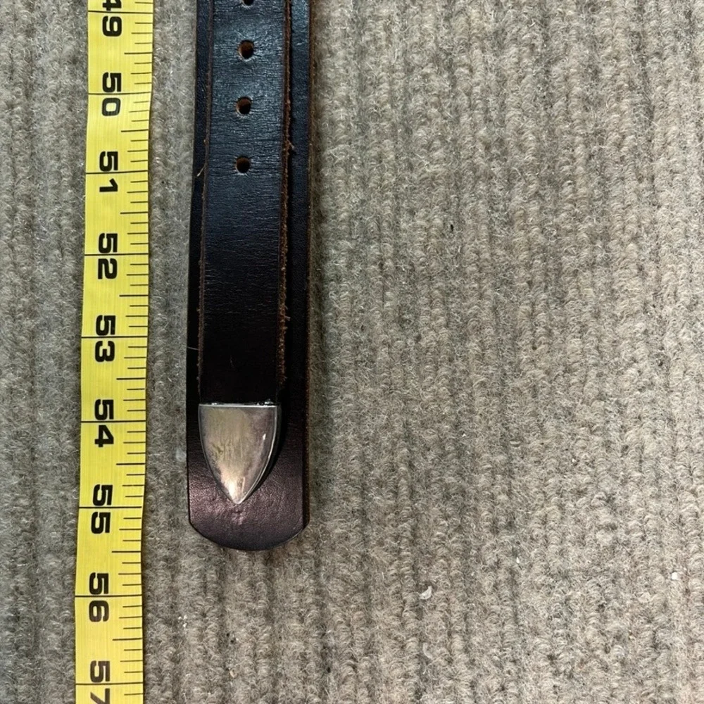 Mens Dark Brown Leather Western Ranger Belt Silver Roller Buckle Metal Tip 55in